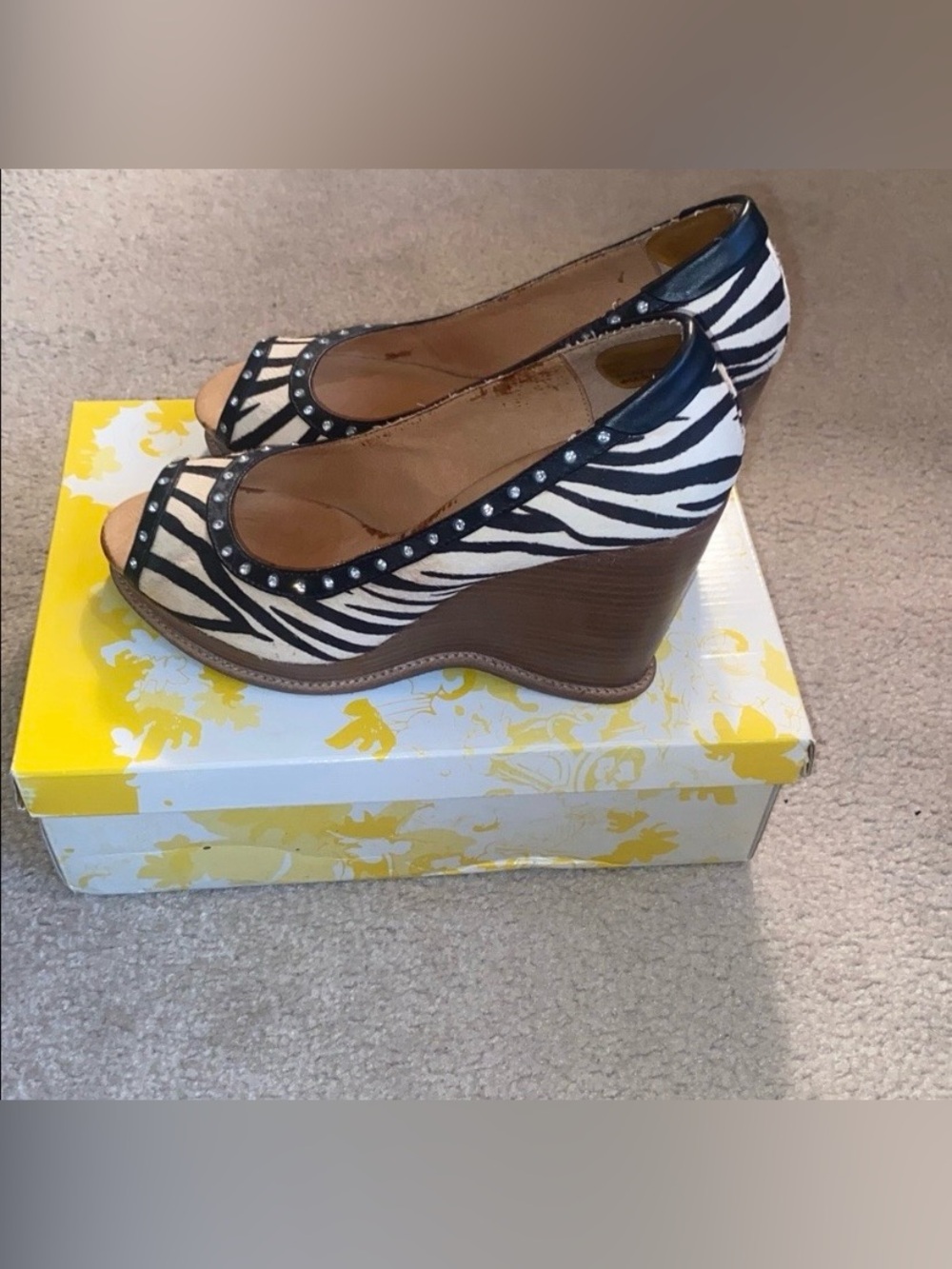 YELLOW BOX Goldie Faux Zebra 🦓 Hair Embellished Peep Toe Heels